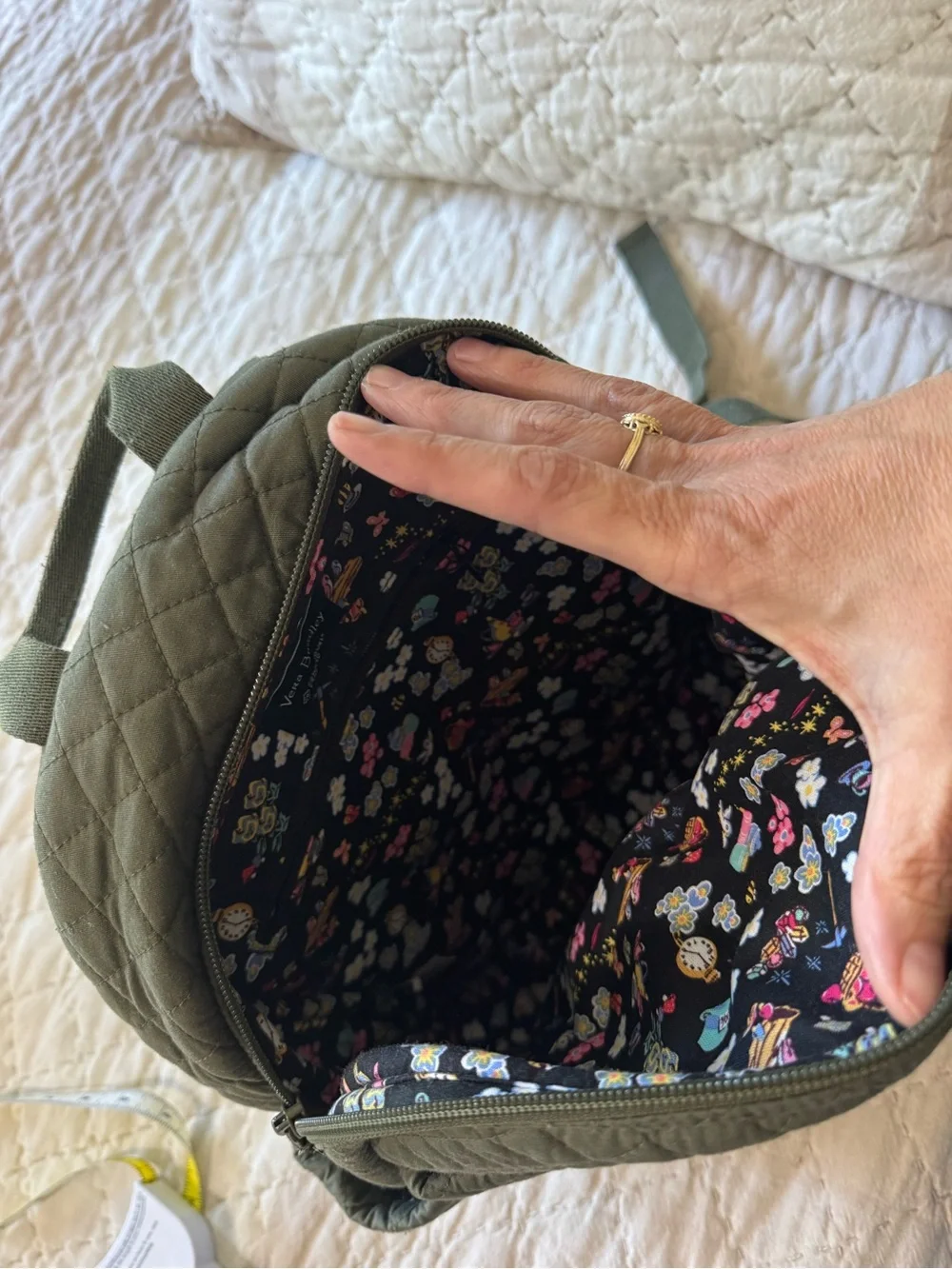 Vera Bradley Olive Green Quilted Backpack with Tinker Bell Floral Embroidery
